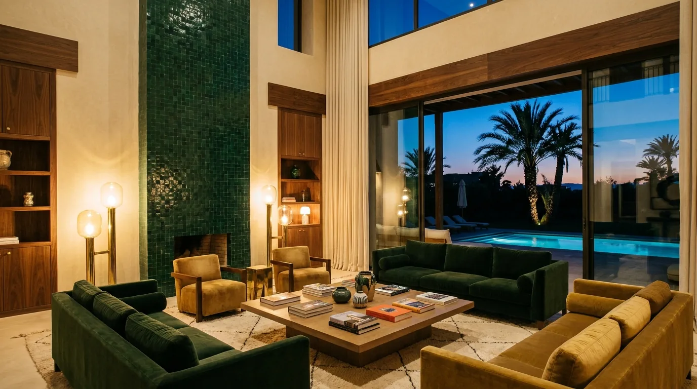 Salon d'une villa de luxe au Maroc à la tombée du soir